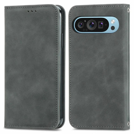 For Google Pixel 9 Pro XL Case Skin Touch Feeling Card Slot Leather Phone Cover Stand Magnetic Absorption - Grey
