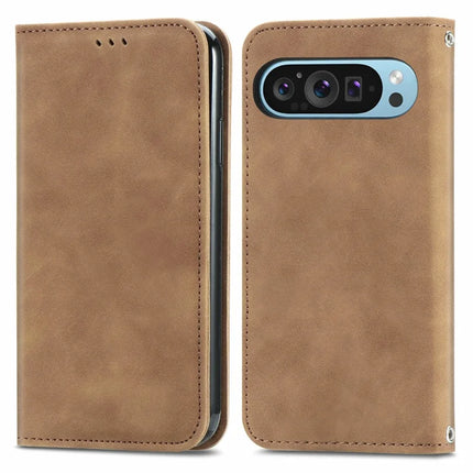 For Google Pixel 9 Pro XL Case Skin Touch Feeling Card Slot Leather Phone Cover Stand Magnetic Absorption - Brown