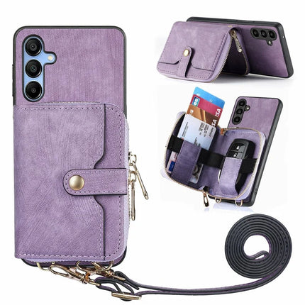 For Samsung Galaxy A16 5G  /  A16 4G Case Zipper Wallet Leather Phone Back Cover Kickstand with Shoulder Strap - Purple