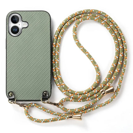 For iPhone 16 Case Carbon Fiber Texture Hybrid Phone Back Cover with Adjustable Strap