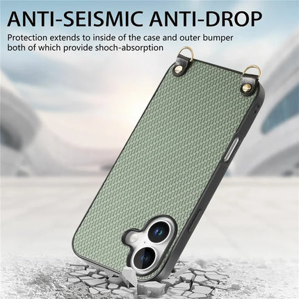 For iPhone 16 Case Carbon Fiber Texture Hybrid Phone Back Cover with Adjustable Strap