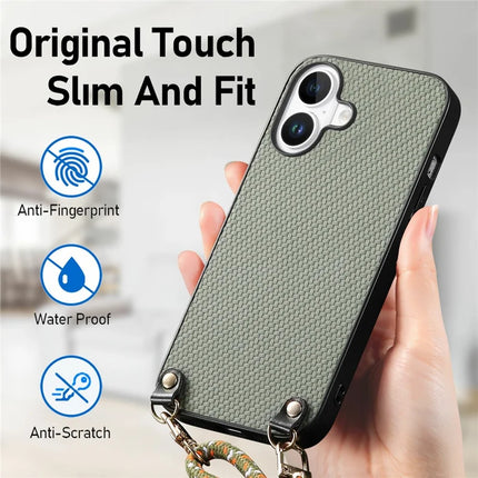 For iPhone 16 Case Carbon Fiber Texture Hybrid Phone Back Cover with Adjustable Strap