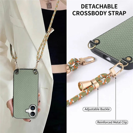 For iPhone 16 Case Carbon Fiber Texture Hybrid Phone Back Cover with Adjustable Strap