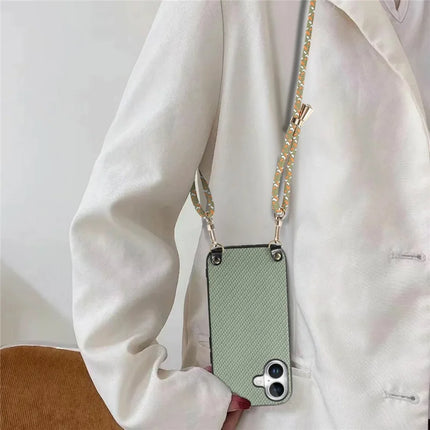 For iPhone 16 Case Carbon Fiber Texture Hybrid Phone Back Cover with Adjustable Strap
