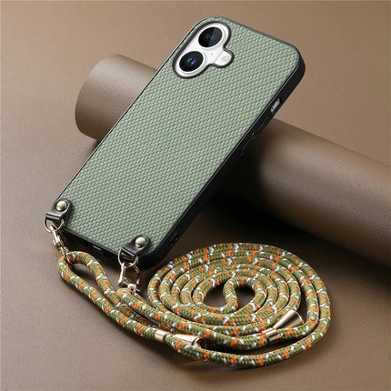 For iPhone 16 Case Carbon Fiber Texture Hybrid Phone Back Cover with Adjustable Strap