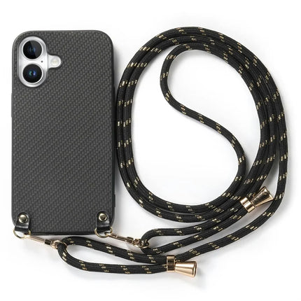 For iPhone 16 Case Carbon Fiber Texture Hybrid Phone Back Cover with Adjustable Strap