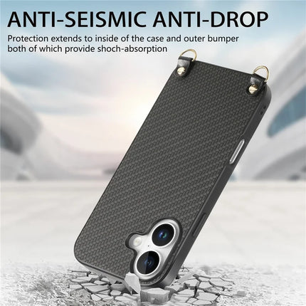 For iPhone 16 Case Carbon Fiber Texture Hybrid Phone Back Cover with Adjustable Strap