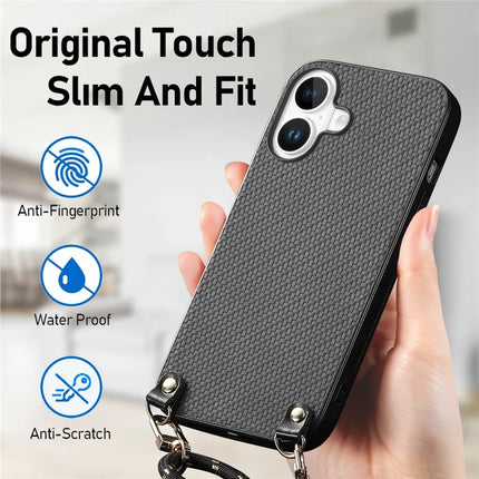 For iPhone 16 Case Carbon Fiber Texture Hybrid Phone Back Cover with Adjustable Strap