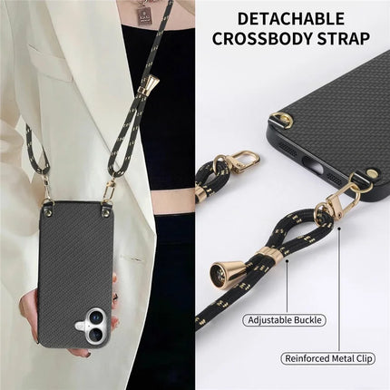 For iPhone 16 Case Carbon Fiber Texture Hybrid Phone Back Cover with Adjustable Strap