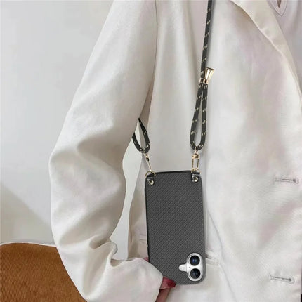For iPhone 16 Case Carbon Fiber Texture Hybrid Phone Back Cover with Adjustable Strap