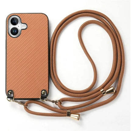For iPhone 16 Case Carbon Fiber Texture Hybrid Phone Back Cover with Adjustable Strap