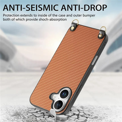 For iPhone 16 Case Carbon Fiber Texture Hybrid Phone Back Cover with Adjustable Strap