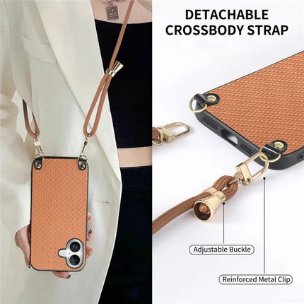 For iPhone 16 Case Carbon Fiber Texture Hybrid Phone Back Cover with Adjustable Strap
