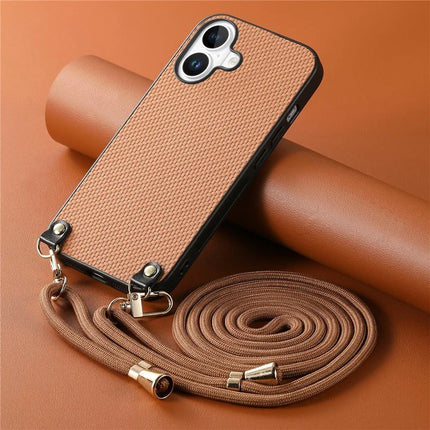 For iPhone 16 Case Carbon Fiber Texture Hybrid Phone Back Cover with Adjustable Strap