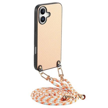 For iPhone 16 Case Carbon Fiber Texture Hybrid Phone Back Cover with Adjustable Strap - Khaki