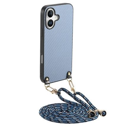 For iPhone 16 Case Carbon Fiber Texture Hybrid Phone Back Cover with Adjustable Strap - Blue