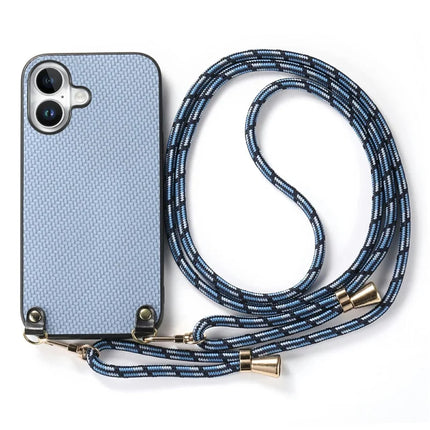 For iPhone 16 Case Carbon Fiber Texture Hybrid Phone Back Cover with Adjustable Strap