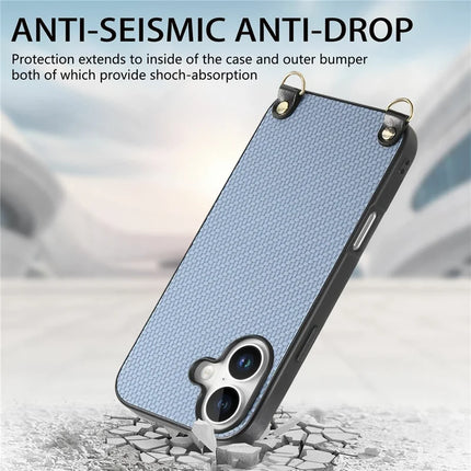 For iPhone 16 Case Carbon Fiber Texture Hybrid Phone Back Cover with Adjustable Strap