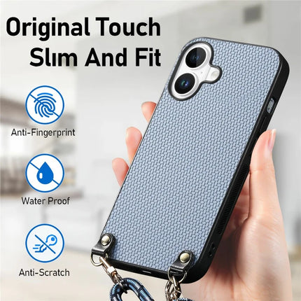 For iPhone 16 Case Carbon Fiber Texture Hybrid Phone Back Cover with Adjustable Strap