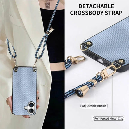 For iPhone 16 Case Carbon Fiber Texture Hybrid Phone Back Cover with Adjustable Strap