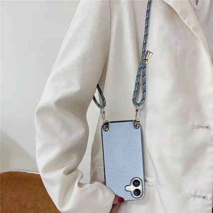 For iPhone 16 Case Carbon Fiber Texture Hybrid Phone Back Cover with Adjustable Strap