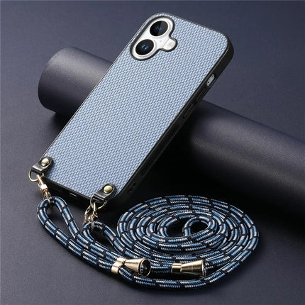 For iPhone 16 Case Carbon Fiber Texture Hybrid Phone Back Cover with Adjustable Strap