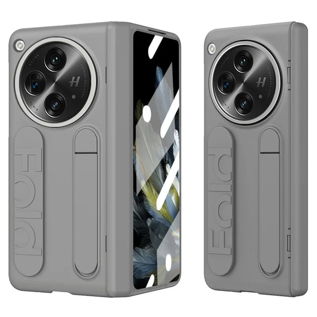 For OnePlus Open Case Kickstand Wristband PC Phone Cover with Tempered Glass Film - Grey