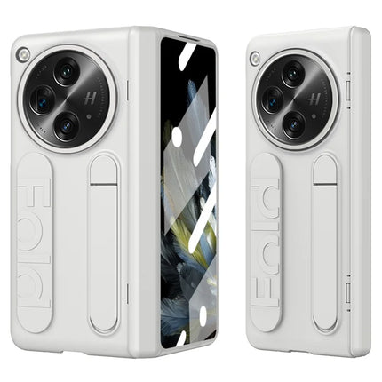 For OnePlus Open Case Kickstand Wristband PC Phone Cover with Tempered Glass Film - White