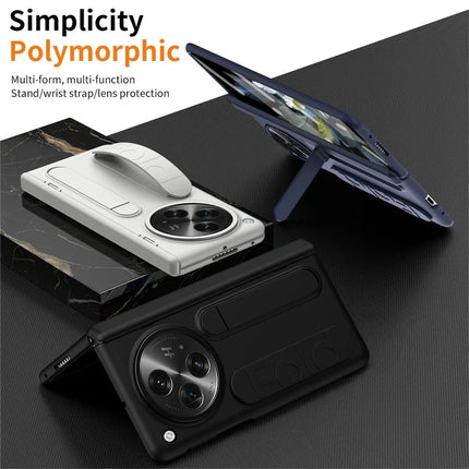 For OnePlus Open Case Kickstand Wristband PC Phone Cover with Tempered Glass Film