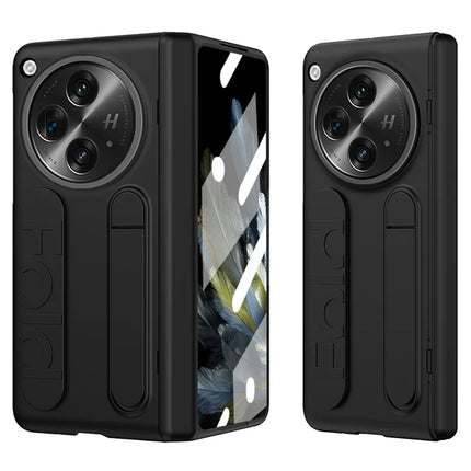For OnePlus Open Case Kickstand Wristband PC Phone Cover with Tempered Glass Film - Black