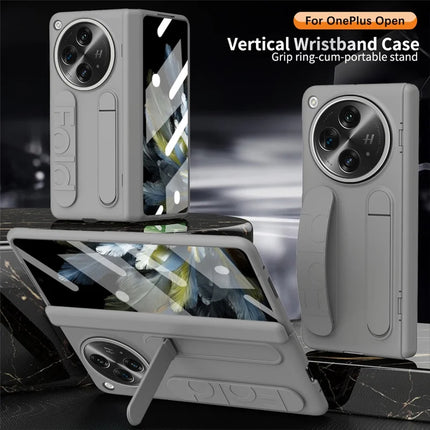 For OnePlus Open Case Kickstand Wristband PC Phone Cover with Tempered Glass Film