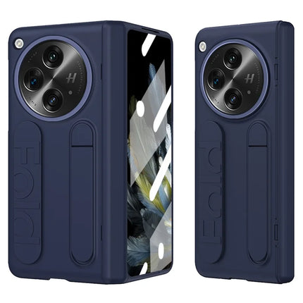 For OnePlus Open Case Kickstand Wristband PC Phone Cover with Tempered Glass Film - Blue