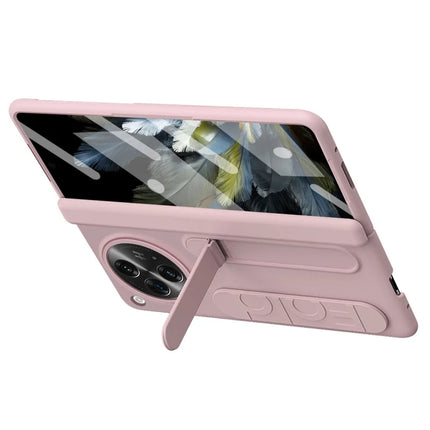 For OnePlus Open Case Kickstand Wristband PC Phone Cover with Tempered Glass Film