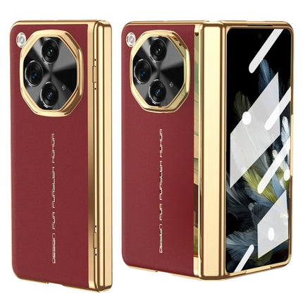 For OnePlus Open Case PU Leather+PC Electroplating Phone Cover with Tempered Glass Screen Film - Red