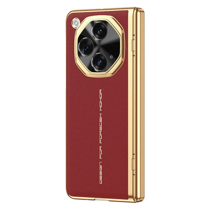 For OnePlus Open Case PU Leather+PC Electroplating Phone Cover with Tempered Glass Screen Film