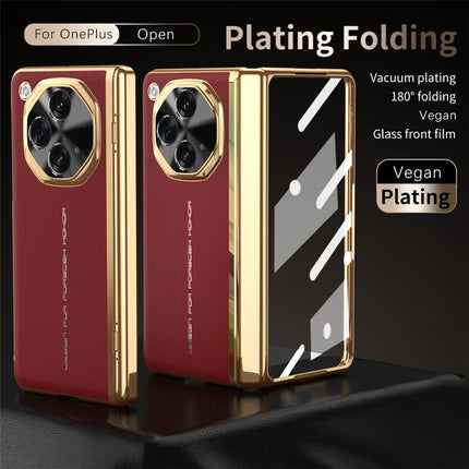 For OnePlus Open Case PU Leather+PC Electroplating Phone Cover with Tempered Glass Screen Film