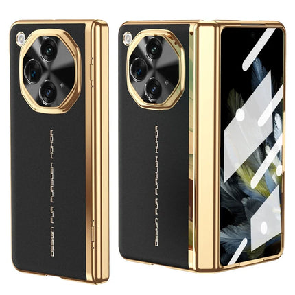 For OnePlus Open Case PU Leather+PC Electroplating Phone Cover with Tempered Glass Screen Film - Black