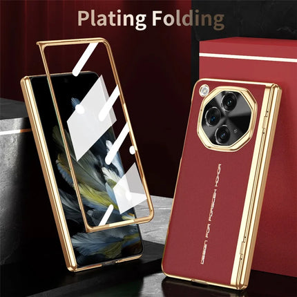 For OnePlus Open Case PU Leather+PC Electroplating Phone Cover with Tempered Glass Screen Film