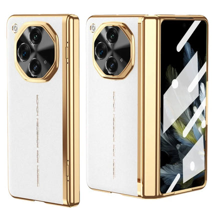 For OnePlus Open Case PU Leather+PC Electroplating Phone Cover with Tempered Glass Screen Film - White