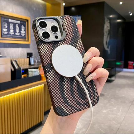 For iPhone 16 Pro Max Case Compatible with MagSafe Flame Pattern Hard PC Phone Cover with Lens Frame Kickstand
