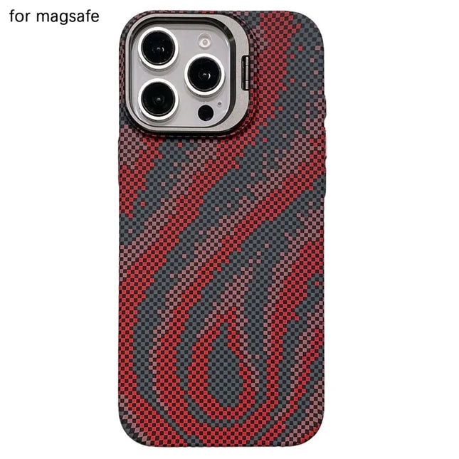 For iPhone 16 Pro Max Case Compatible with MagSafe Flame Pattern Hard PC Phone Cover with Lens Frame Kickstand - Red