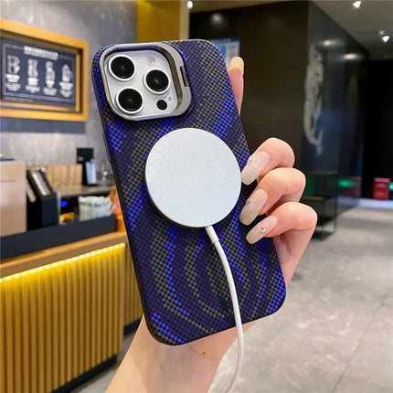 For iPhone 16 Pro Max Case Compatible with MagSafe Flame Pattern Hard PC Phone Cover with Lens Frame Kickstand