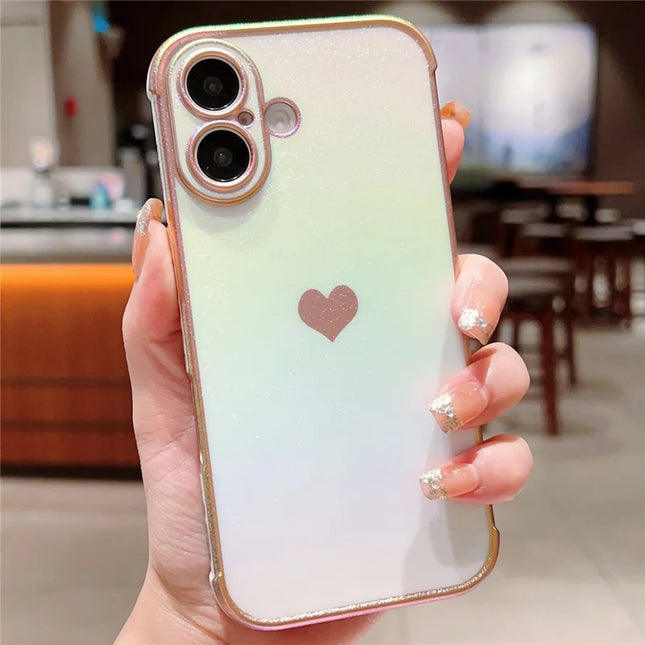 For iPhone 16 Plus Case Dazzling Design Electroplating Heart Pattern TPU Phone Cover - White