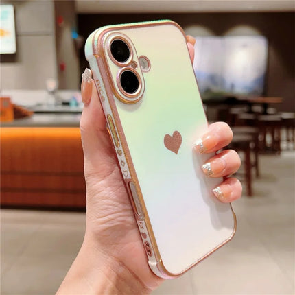 For iPhone 16 Plus Case Dazzling Design Electroplating Heart Pattern TPU Phone Cover