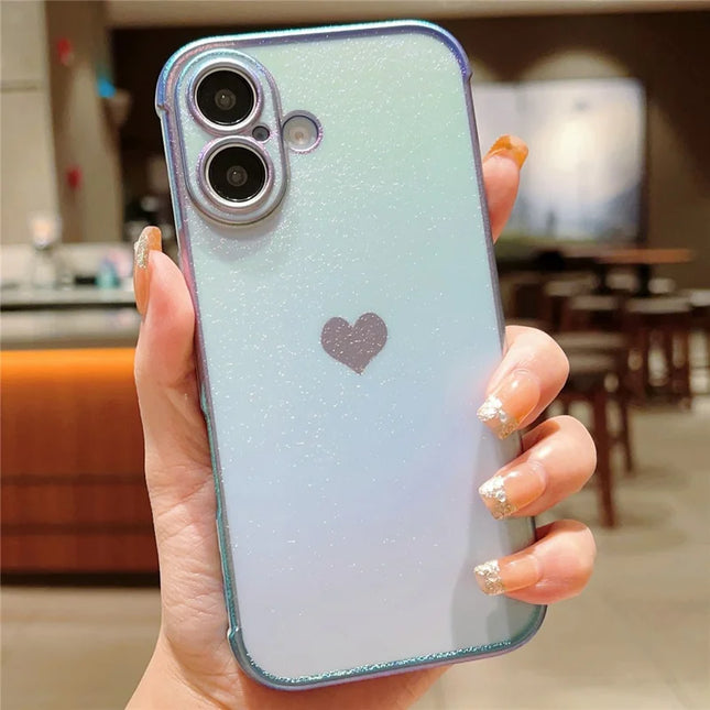 For iPhone 16 Plus Case Dazzling Design Electroplating Heart Pattern TPU Phone Cover - Blue