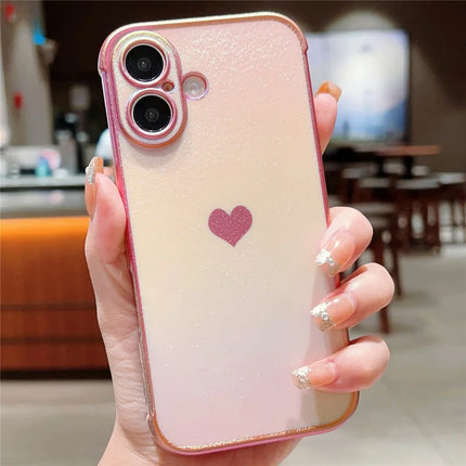 For iPhone 16 Plus Case Dazzling Design Electroplating Heart Pattern TPU Phone Cover - Pink