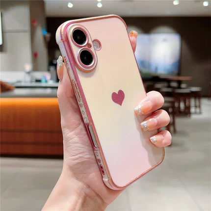 For iPhone 16 Plus Case Dazzling Design Electroplating Heart Pattern TPU Phone Cover