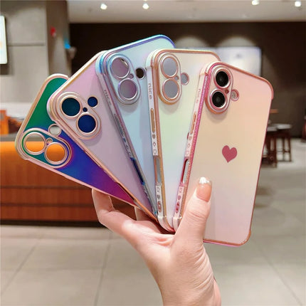 For iPhone 16 Plus Case Dazzling Design Electroplating Heart Pattern TPU Phone Cover