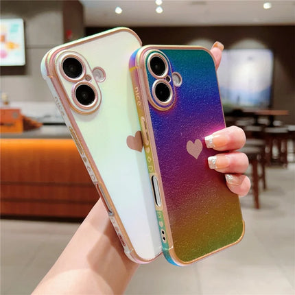 For iPhone 16 Plus Case Dazzling Design Electroplating Heart Pattern TPU Phone Cover