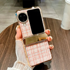 For Oppo Find N3 Flip 5G Case Plaid Texture Rhinestone Decor Hinge Protection PC Phone Cover - Pink